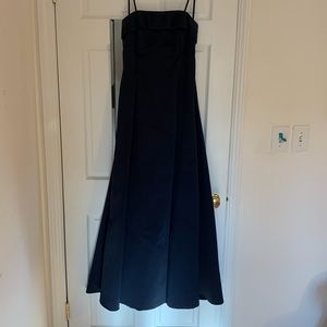 Strapless navy satin gown